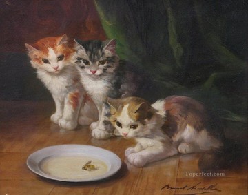 horse cats Painting - Alfred Brunel de Neuville cats and bee